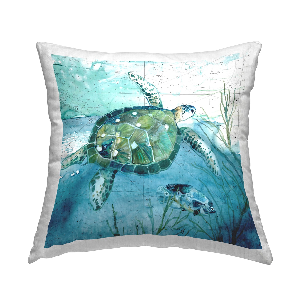 Stupell Industries Sea Tortoise and Fish over Blue Nautical Ocean Map Throw Pillow 18" x 18"